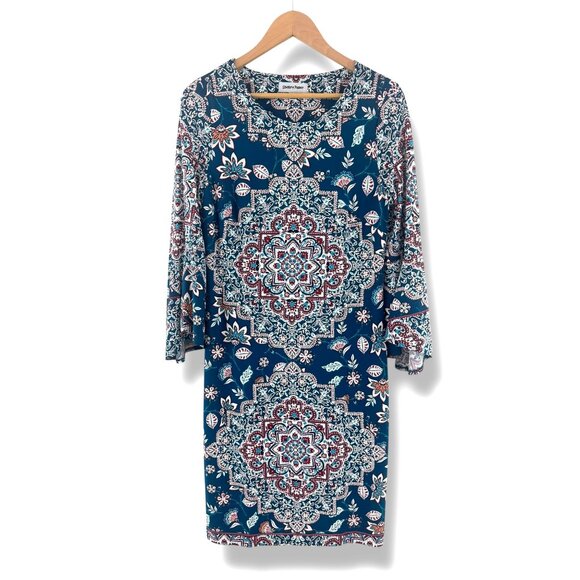 Shelby & Palmer Textured Stretch Printed Shift Dress Bell Sleeves Size 12 Office - Picture 6 of 6